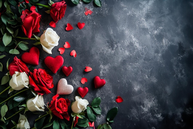 Foto decoración conceptual para el día de san valentín con galletas en forma de corazón, rosas y brillos.