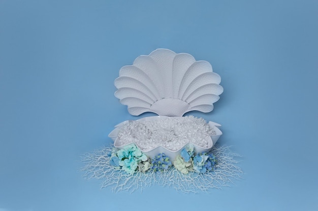 decoración de conchas marinas para sesión de fotos de recién nacidos en fondo azul con decoración de flores sesión de fotos para recién nacidos