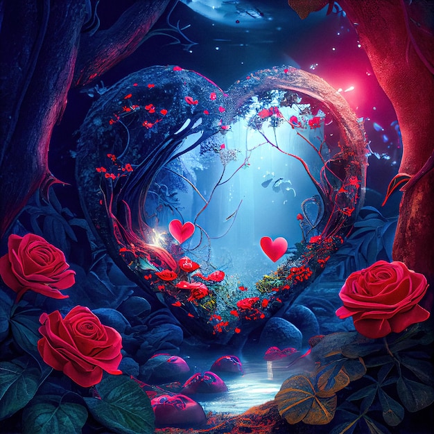 Decoración de corazón de rosa AI generativa Día de San Valentín fondo azul con contorno de corazón rosas rojas y rosadas en frente hermosa composición bosque oscuro escena de amor camino de amor en el desierto