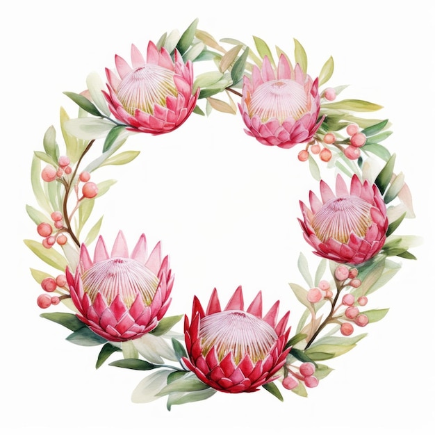 Decoración de corona de Navidad con flor de protea de acuarela rosa sobre fondo blanco