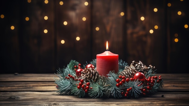 Decoración de corona de Navidad en una mesa de madera oscura con una vela brillante