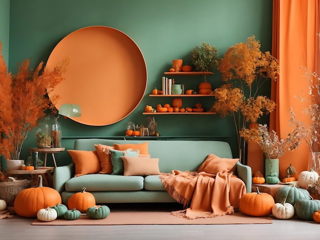 Decoración creativa del hogar de otoño en un fondo de paleta de color naranja pastel y verde militar Ai Generated