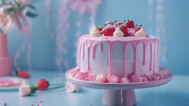 Decoración creativa de pastel de cumpleaños con glaseado rosa y fresas