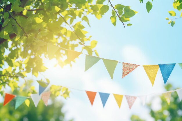 Foto decoración de cuerdas de banderín coloridas en árbol verde