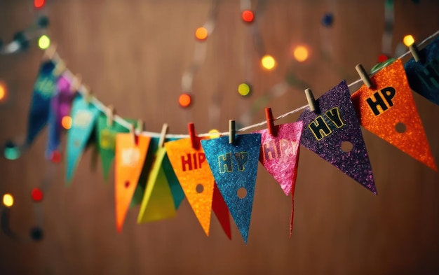 Foto decoración de cuerdas de banderín coloridas en la pared ia generativa