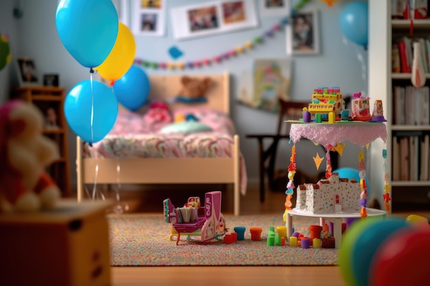 Decoración de cumpleaños en el acogedor interior de la habitación de los niños.