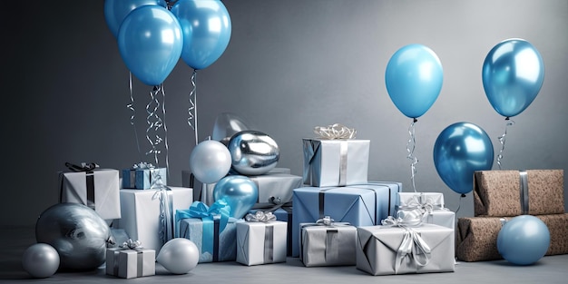 Decoración de cumpleaños azul con globos cajas de regalo azules en habitación azul IA generativa