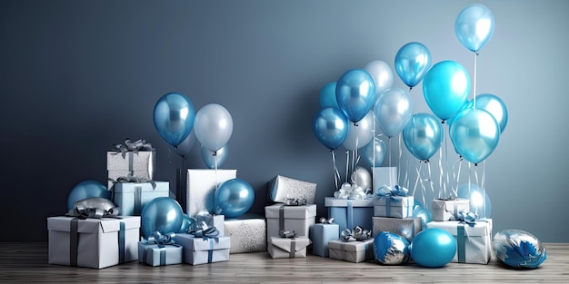 Decoración de cumpleaños azul con globos cajas de regalo azules en habitación azul IA generativa