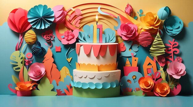 Decoración de cumpleaños divertida y colorida en estilo de corte de papel.