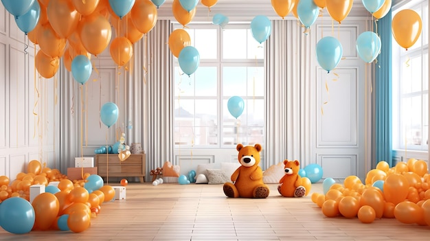 Decoración de cumpleaños con globo y osito de peluche