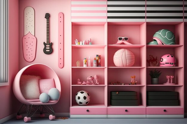 Decoración deportiva rosa en una habitación infantil moderna con juguetes y estantes creados con ai generativa