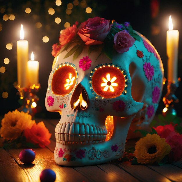 Decoración del Día de los Muertos cráneo colorido generado por Ai