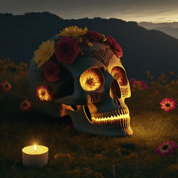 Foto decoración del día de los muertos cráneo colorido generado por ai