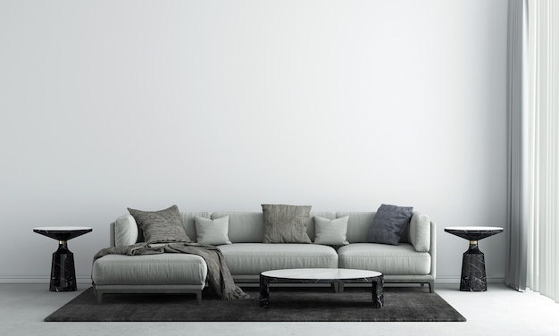 La decoración del diseño de interiores y los muebles de la sala de estar y el fondo de textura de pared de hormigón vacía representación 3D