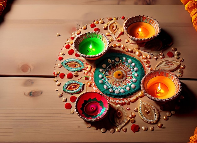 Decoración de Diwali en casa de mesa de madera