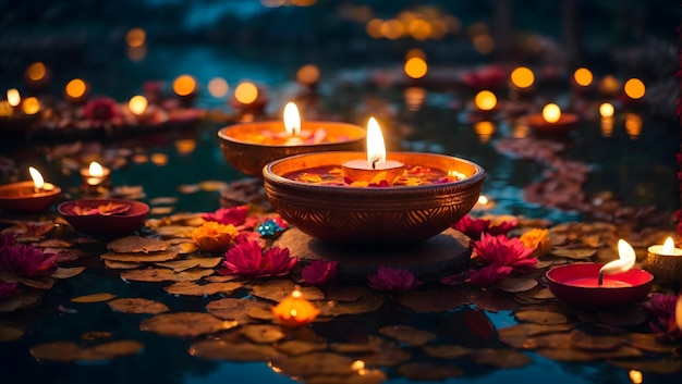 Decoración de Diwali con lámpara diya con vistas naturales como estanque y templo