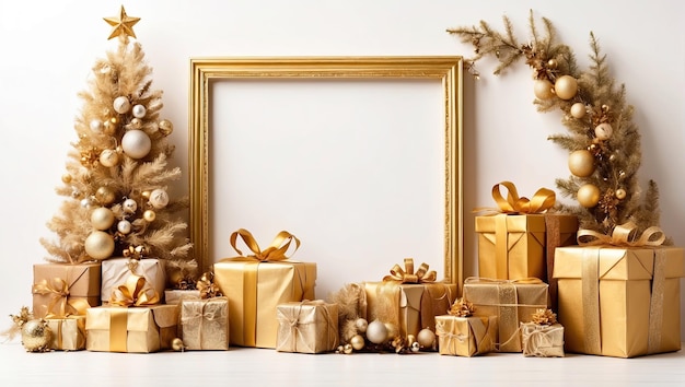 Decoración dorada árbol de Navidad y cajas de regalos en un fondo blanco Tarjeta de felicitación para Navidad