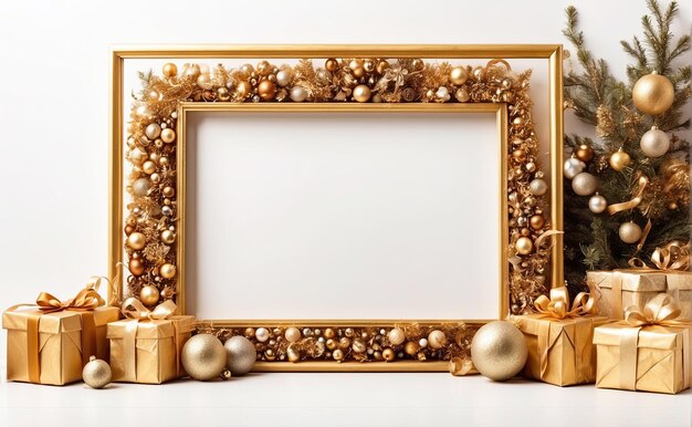 Decoración dorada árbol de Navidad y cajas de regalos en un fondo blanco Tarjeta de felicitación para Navidad