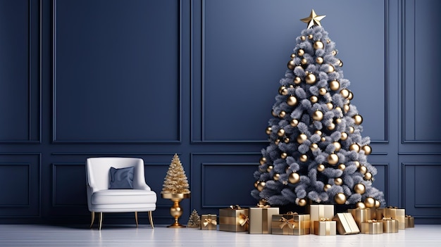 La decoración dorada brilla en un hermoso árbol de Navidad azul marino y blanco en un interior festivo