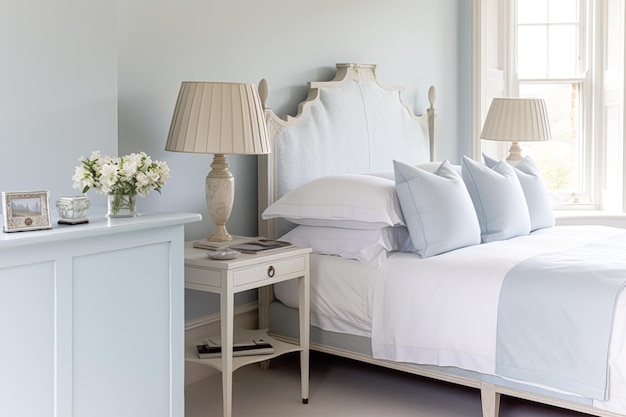 Decoración de dormitorio azul pálido diseño de interiores y cama de alquiler de vacaciones con ropa de cama y muebles elegantes casa de campo inglesa y estilo cottage generativo ai