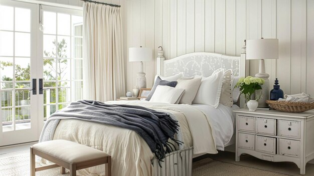 Decoración de dormitorio de cabaña costera blanca diseño de interiores y decoración del hogar cama con ropa de cama elegante y muebles a medida casa de campo inglesa y alquiler de vacaciones