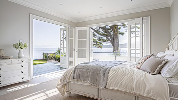 Decoración de dormitorio de cabaña costera blanca diseño de interiores y decoración del hogar cama con ropa de cama elegante y muebles a medida casa de campo inglesa y alquiler de vacaciones