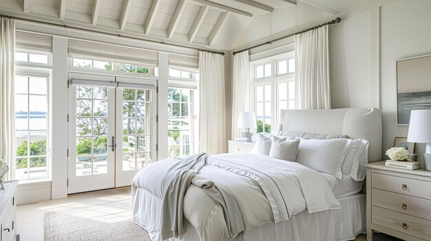 Decoración de dormitorio de cabaña costera blanca diseño de interiores y decoración del hogar cama con ropa de cama elegante y muebles a medida casa de campo inglesa y alquiler de vacaciones