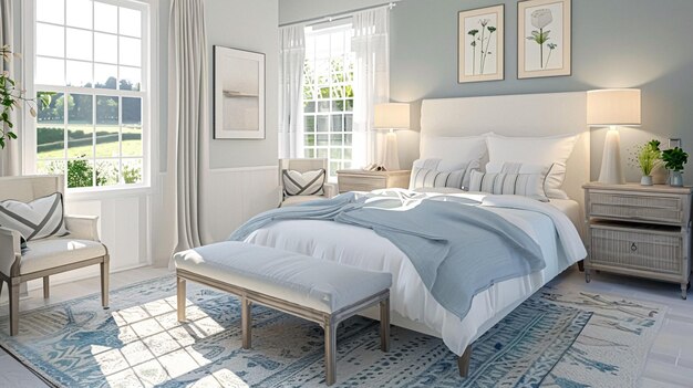 Decoración de dormitorio de cabaña costera blanca diseño de interiores y decoración del hogar cama con ropa de cama elegante y muebles a medida casa de campo inglesa y alquiler de vacaciones