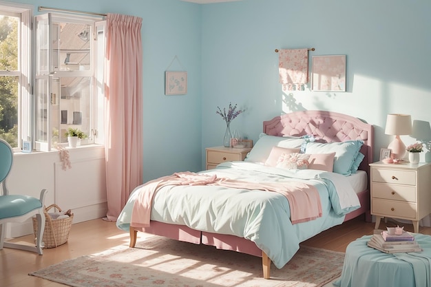Decoración de dormitorio en colores pastel de ensueño, suave y serena