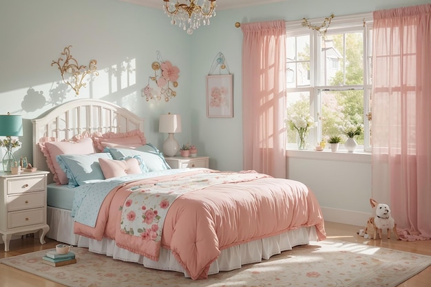 Decoración de dormitorio en colores pastel de ensueño, suave y serena