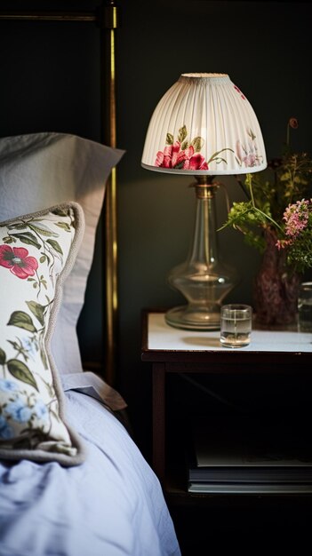 Decoración del dormitorio diseño interior moderno de cabaña y decoración del hogar ropa de cama y elegante ropa de cama de campo lámpara y flores inspiración de estilo de casa de campo inglés