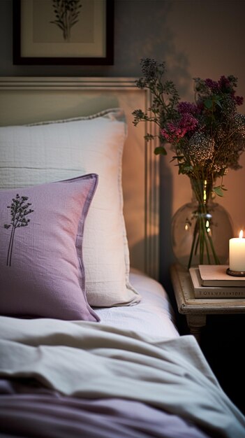 Decoración del dormitorio Diseño de interiores de una cabaña moderna y decoración del hogar Ropa de cama y ropa de cama elegante y campestre Lámpara y flores Inspiración en el estilo de una casa campestre inglesa