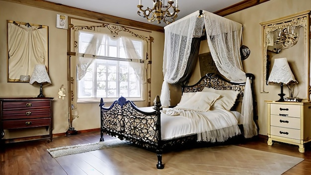 Decoración de dormitorio de hotel de lujo de inspiración victoriana con cama con dosel, cortinas de encaje y muebles antiguos