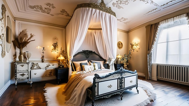 Decoración de dormitorio de hotel de lujo de inspiración victoriana con cama con dosel, cortinas de encaje y muebles antiguos