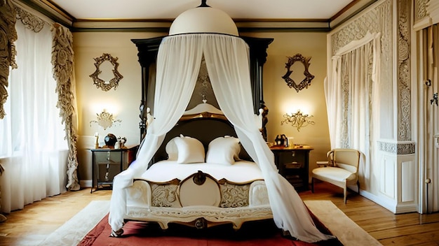 Decoración de dormitorio de hotel de lujo de inspiración victoriana con cama con dosel, cortinas de encaje y muebles antiguos