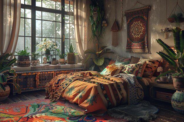 Decoración de dormitorio de inspiración bohemia octano render k U