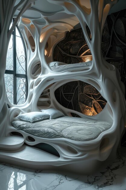 Decoración de dormitorio moderna futurista art nouveau fusión de elegancia atemporal y diseño de vanguardia transformando su espacio de dormir en un santuario elegante que refleja tanto la tradición como la innovación