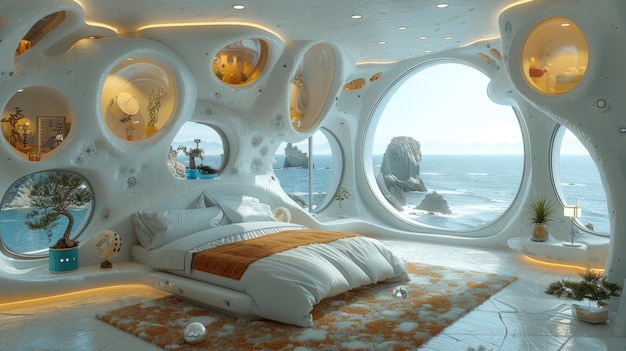 Decoración de dormitorio moderna futurista art nouveau fusión de elegancia atemporal y diseño de vanguardia transformando su espacio de dormir en un santuario elegante que refleja tanto la tradición como la innovación