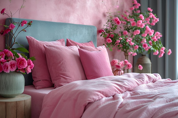 Decoración de dormitorio rosa con cama y flores.