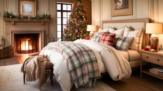 Foto decoración de dormitorios diseño de interiores y alquiler de vacaciones cama clásica con elegante ropa de cama de peluche y muebles estilo casa de campo y cabaña inglesa