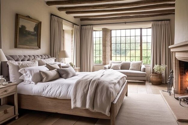 Foto decoración de dormitorios diseño de interiores y alquiler de vacaciones cama clásica con elegante ropa de cama de peluche y muebles estilo casa de campo y cabaña inglesa