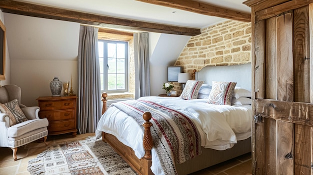 Foto decoración de dormitorios de estilo cottage de cotswolds diseño de interiores y decoración del hogar cama con ropa de cama elegante y muebles a medida casa de campo inglesa o alquiler de vacaciones