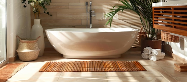 Foto decoración elegante del baño con alfombra de bambú y bañera blanca