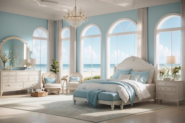 Decoración elegante de dormitorio costero Beachside Bliss