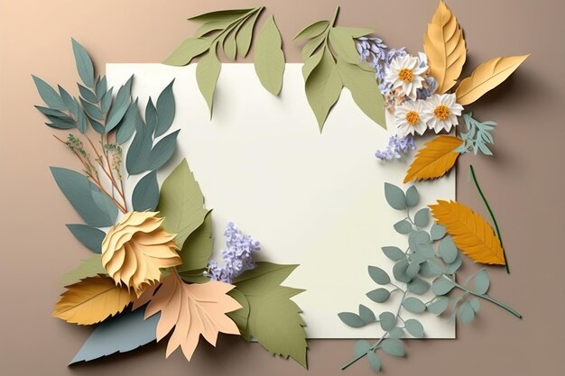 decoración de elementos botánicos con hoja de papel en blanco