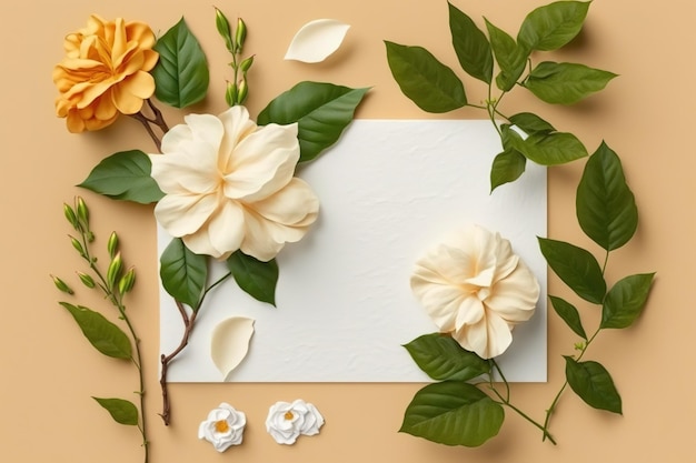 decoración de elementos botánicos con hoja de papel en blanco