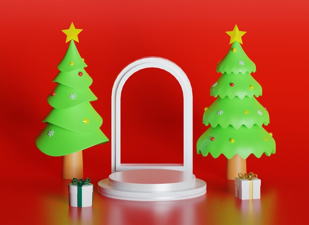 Decoración de escenario de podio de Navidad con pino y caja de regalo Ilustración 3D