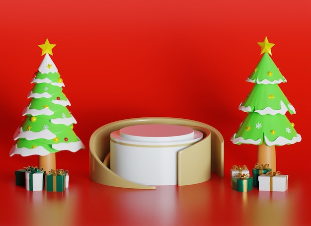 Decoración de escenario de podio de Navidad con pino y caja de regalo Ilustración 3D