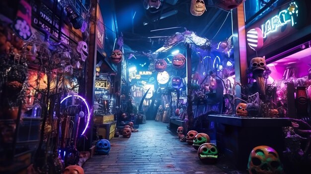 Decoración espeluznante de la calle de la ciudad de la noche de Halloween