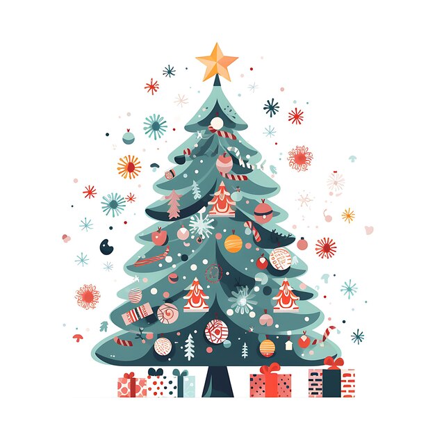 Decoración de estilo clip art de árbol de Navidad y cajas de regalo Feliz Navidad y Próspero Año Nuevo